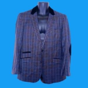 INSOMNIA MANZINO Grey Plaid Blazer, Black Velvet Accents, 40R